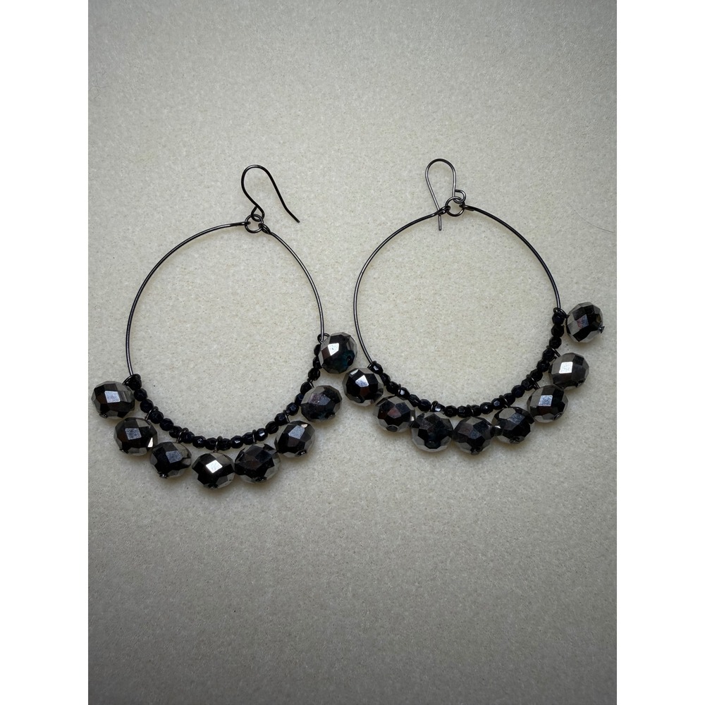 Gunmetal Beaded Hoop Earrings Faceted Hematite‎ Tone Statement Dangle